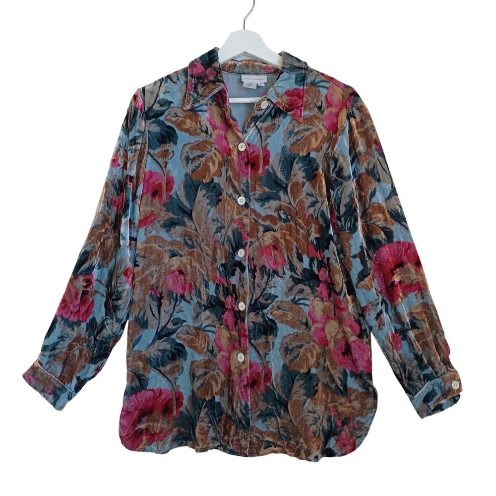 Soft Surroundings Womens Silk Blend Velvet Floral Button Down Shirt Blue‎ Pink S